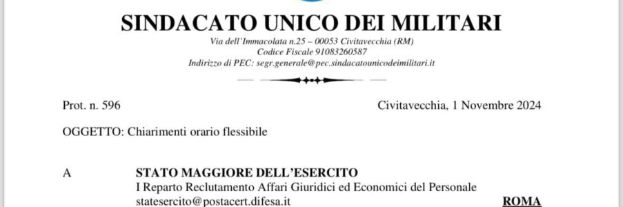 S.U.M.: ACCOGLIAMO CON FAVORE L’INIZIATIVA DEL I REPARTO DELLO STATO MAGGIORE DELL’ESERCITO CHE APRE ALLA POSSIBILITÀ DELLA SETTIMANA CORTA, INTESA COME RIARTICOLAZIONE DELL’ORARIO DI SERVIZIO SU 4 GIORNI.