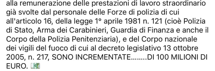 S.U.M.: COME PREANNUNCIATO  (NOSTRO COMUNICATO DEL 19 OTTOBRE), STANZIATI 20 MILIONI IN PIÙ PER GLI STRAORDINARI DEL PERSONALE MILITARE DELLE FORZE ARMATE. ESPRIMIAMO SODDISFAZIONE PER TALE INCREMENTO. A DIFFERENZA DI CHI SI AUTOINCENSA ATTRIBUENDOSI IL SUCCESSO DELL’OPERAZIONE (OCCHIO ALLE SMENTITE UFFICIALI), IL S.U.M. VORRÀ VEDERCI CHIARO SU COME QUESTE NUOVE RISORSE VERRANNO RIPARTITE. STAY TUNED!